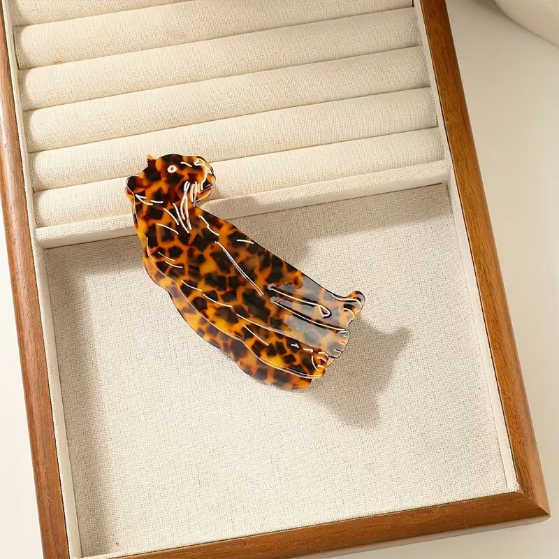 OUWEINA Handmade Acetate Leopard Print Hair Clip | Minimalist Rectangular Animal Design, Vibrant Orange & Black Spotted Pattern, Durable & Lightweight for Women's Hairstyles